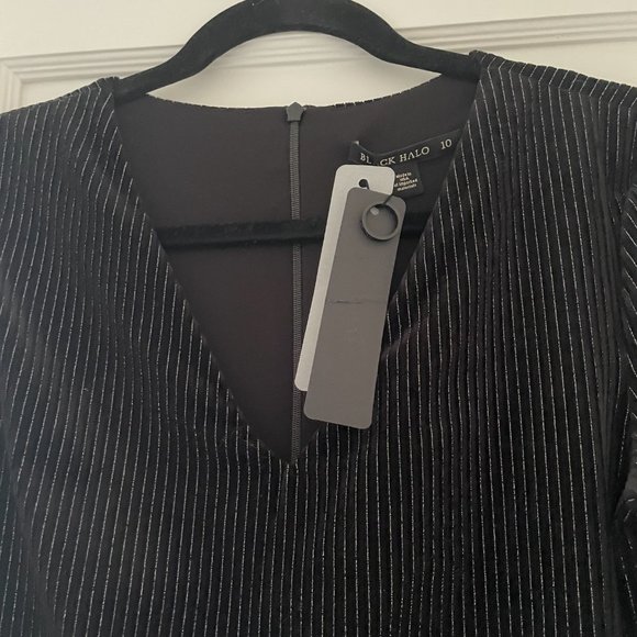 Black Halo Miramar Sheath Dress in Black w/ Silver Pinstripe - Picture 4 of 11